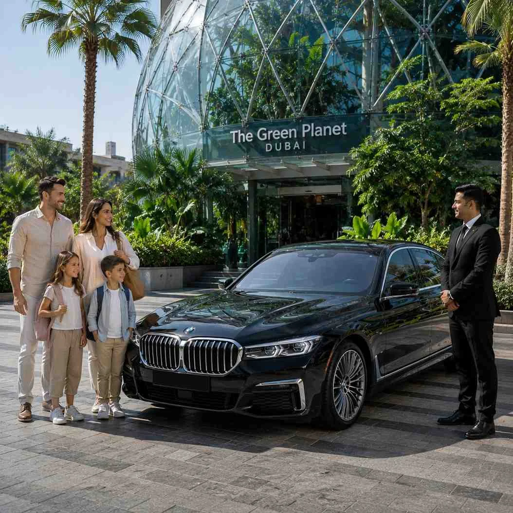 Chauffeur welcoming a family with children outside The Green Planet in Dubai