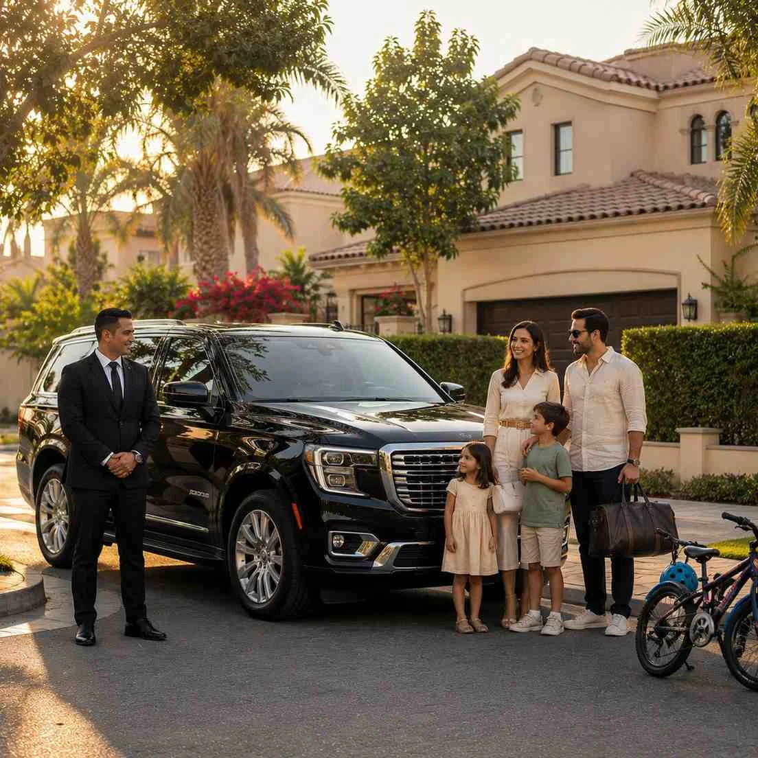 GMC Yukon Denali family car with driver outside a villa in Arabian Ranches Dubai