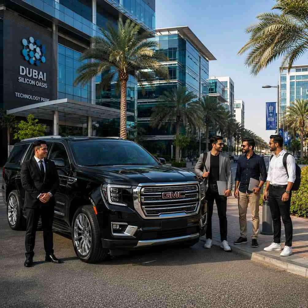 Luxury GMC Yukon Denali chauffeur service in Dubai Silicon Oasis with a professional driver, entrepreneurs, and software engineers carrying laptops outside a technology campus.