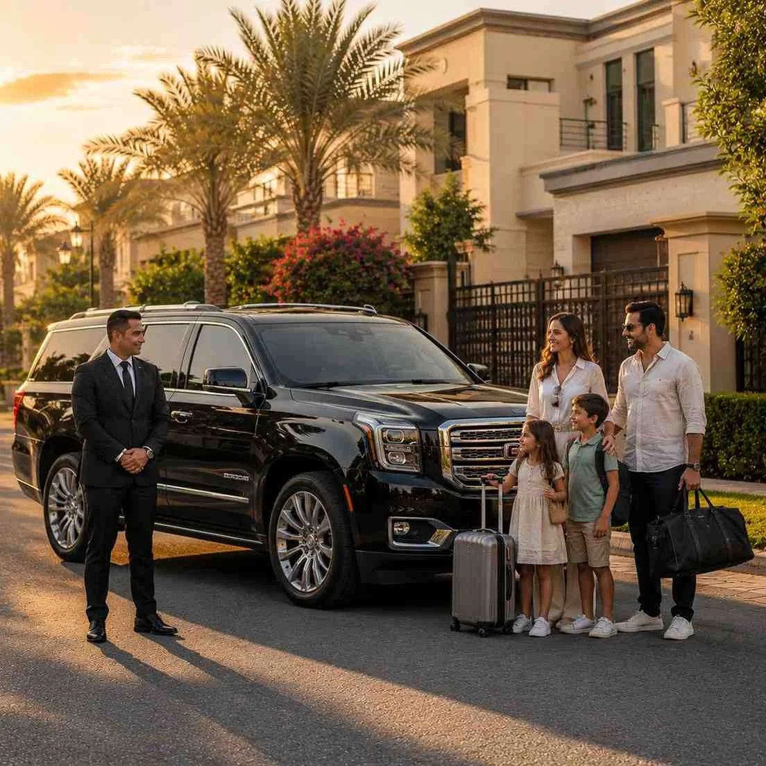 Luxury GMC Yukon Denali chauffeur service in Mirdif Dubai with a professional driver and a family carrying travel luggage outside a modern villa.