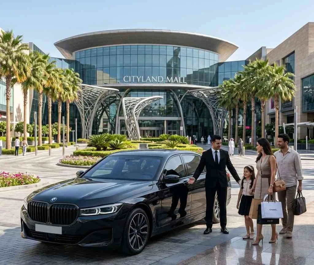 A black BMW 7 Series sedan parked at Cityland Mall entrance in Dubai as a chauffeur welcomes a family carrying shopping bags.