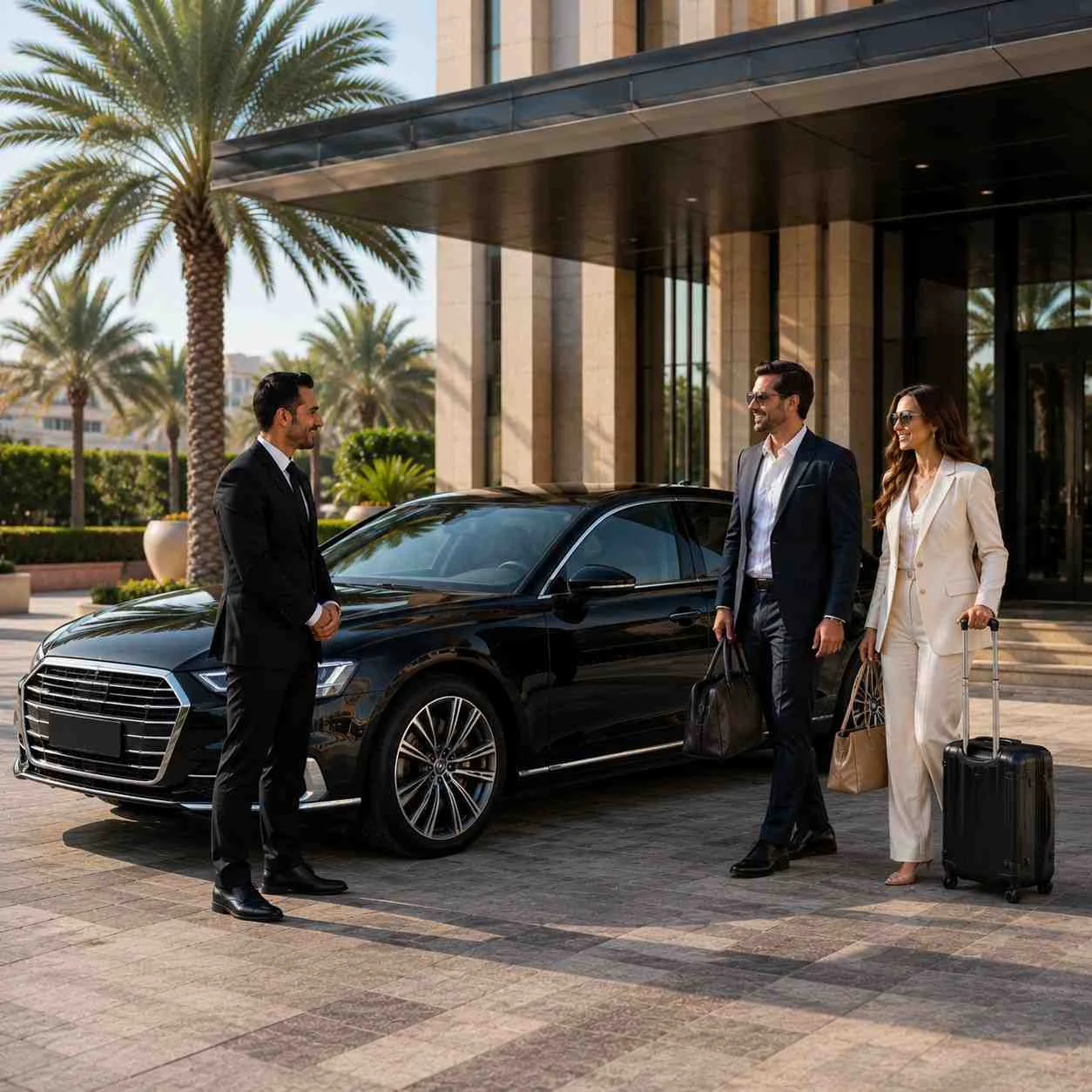 Luxury black Audi A8 executive sedan parked outside a premium hotel entrance with a professional chauffeur welcoming an elegantly dressed couple carrying luggage in bright daylight.