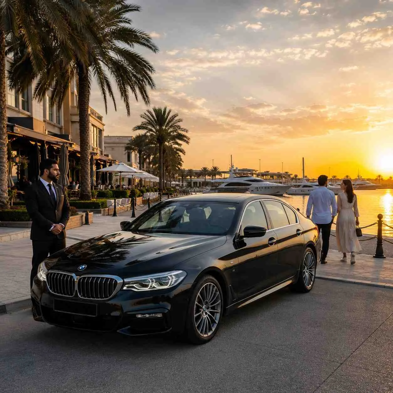 Luxury black BMW 5 Series executive sedan parked at Kuwait's Marina Crescent during sunset, with a professional chauffeur waiting beside the vehicle while a couple strolls along the waterfront promenade lined with palm trees, cafés, and luxury yachts.