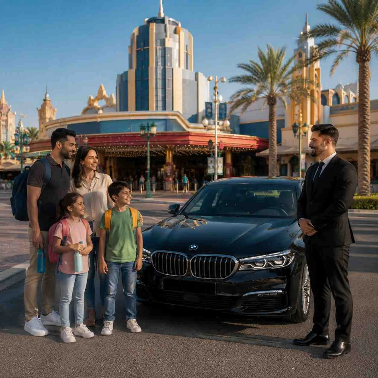 Family arriving at Motiongate Dubai with a chauffeur and a black BMW 5 Series