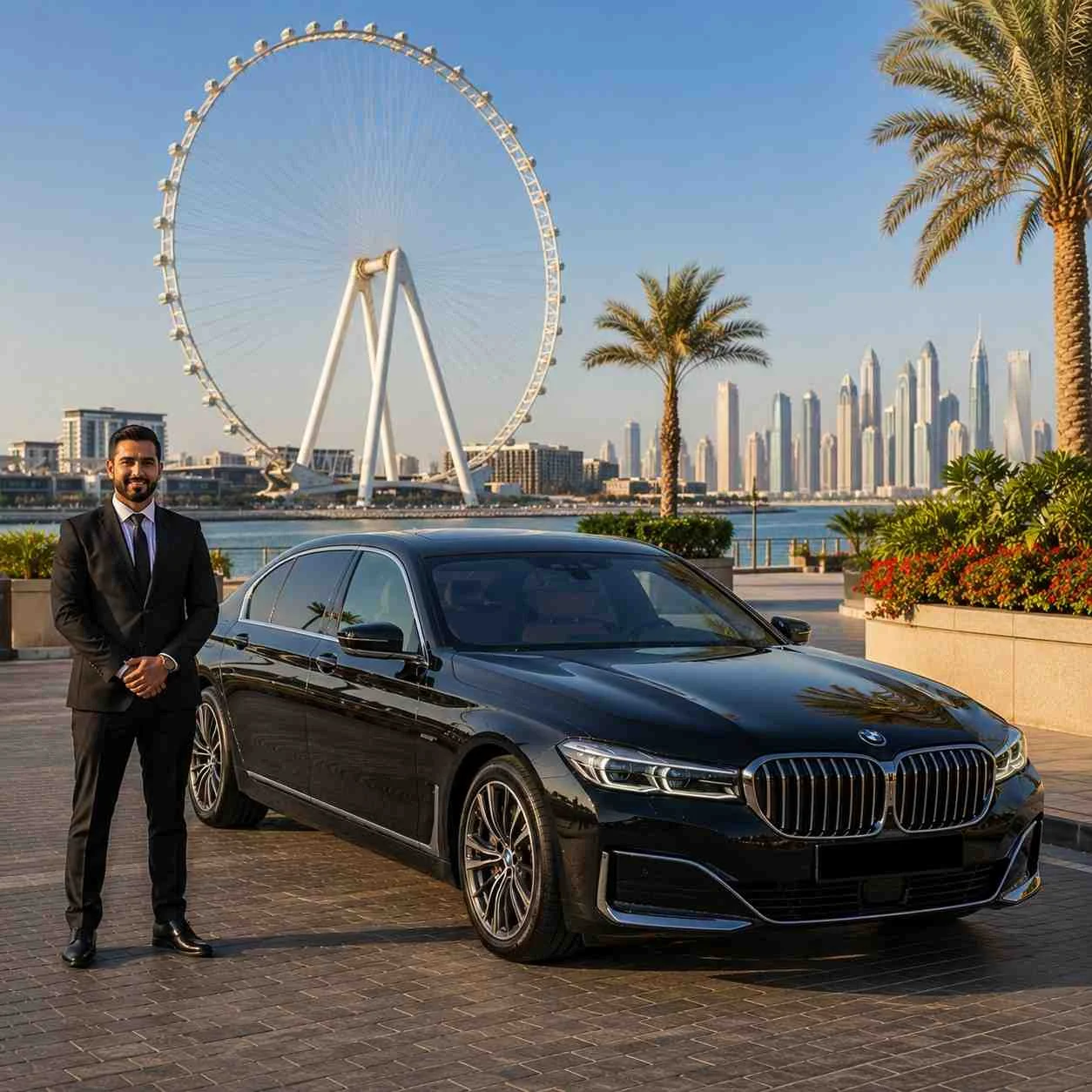 Luxury Car with Driver at Ain Dubai on Bluewaters Island featuring a black BMW 7 Series and a professional chauffeur beside the luxury sedan with the iconic observation wheel in the background.