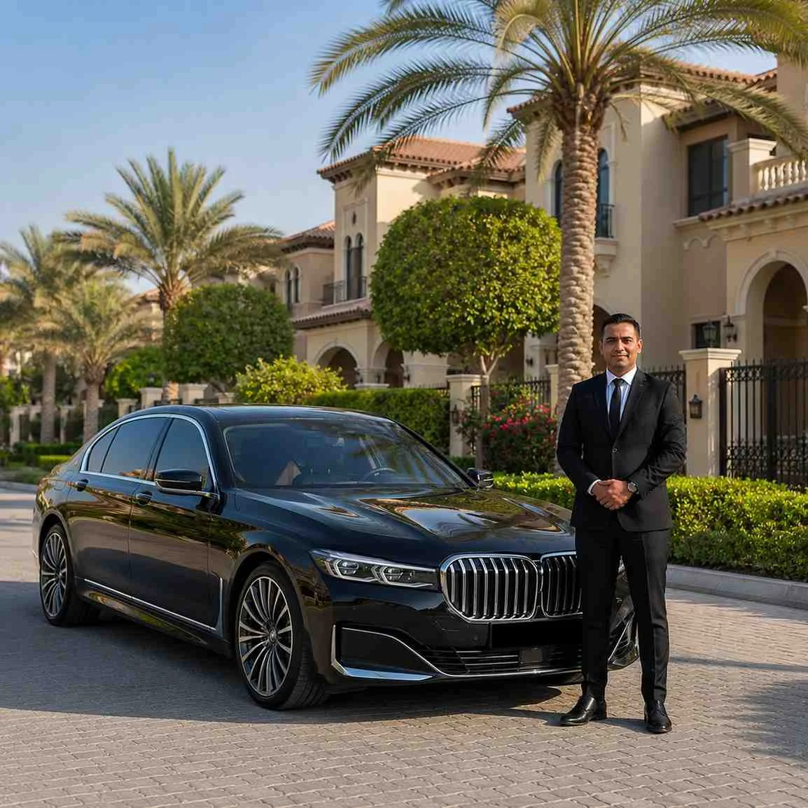 Professional chauffeur standing beside a black BMW 7 Series in Arabian Ranches Dubai with Mediterranean-style luxury villas and landscaped palm-lined streets.