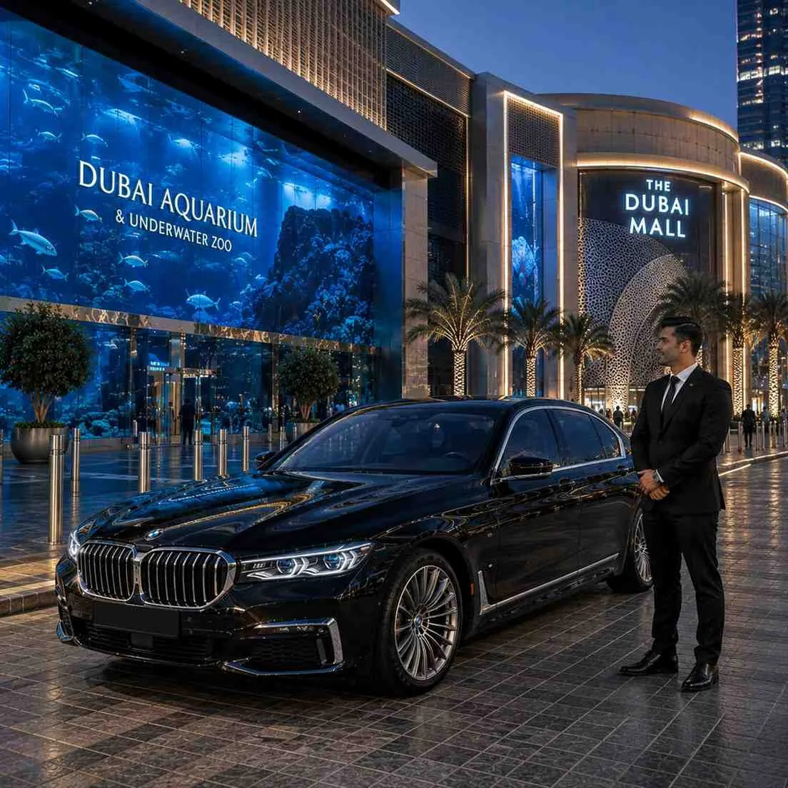 Luxury BMW 7 Series chauffeur service at Dubai Aquarium & Underwater Zoo with a professional chauffeur standing beside the executive sedan outside Dubai Mall in the VIP arrival area.