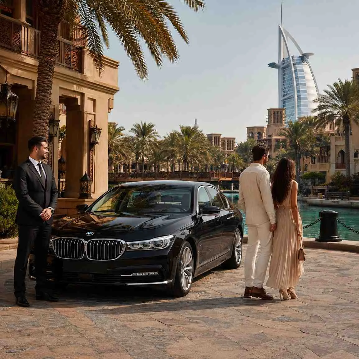 VIP chauffeur service at Madinat Jumeirah with a luxury black BMW 7 Series, professional chauffeur, and stylish couple beside the resort entrance overlooking canals and the Burj Al Arab in Dubai.