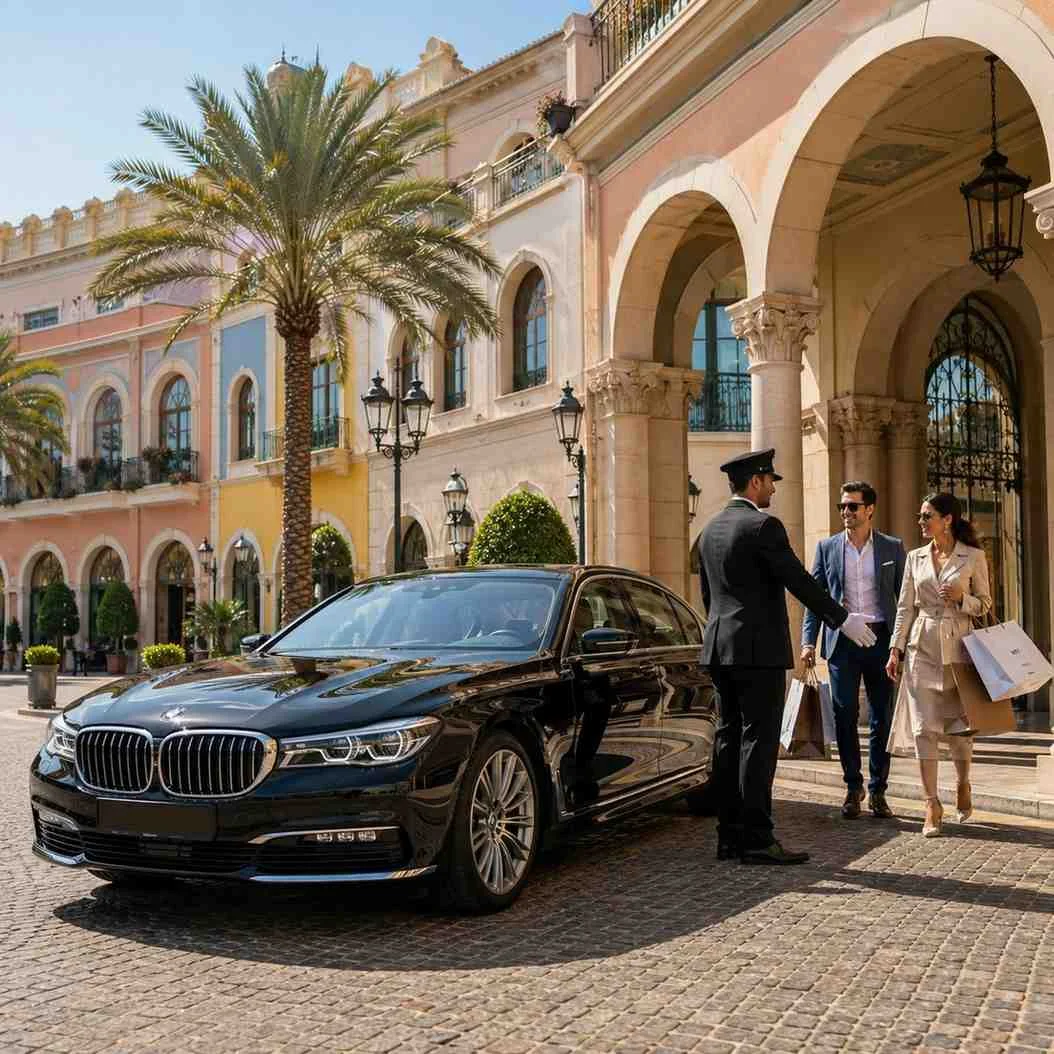 Luxury black BMW 7 Series with a professional chauffeur welcoming a stylish couple carrying shopping bags outside an elegant Mediterranean-inspired shopping destination in Dubai. The luxury sedan is parked on a cobblestone street beside palm trees, grand arches, and upscale retail architecture under bright sunshine.