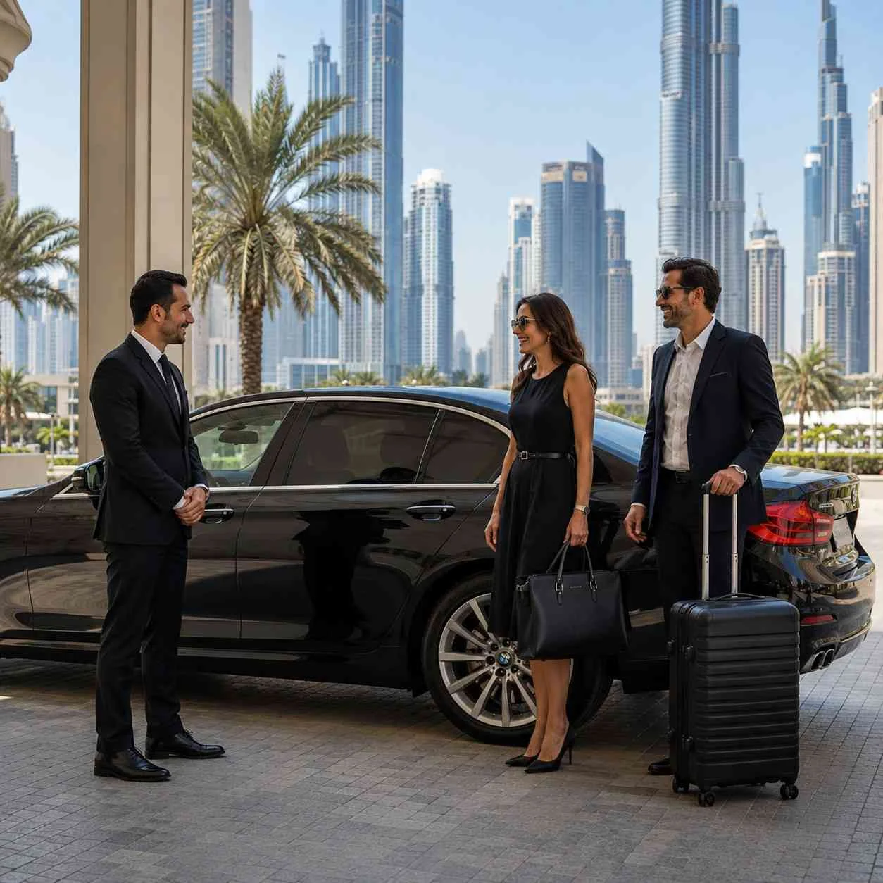 Luxury black BMW 7 Series executive sedan parked outside a premium hotel in Downtown Dubai with a professional chauffeur welcoming an elegant couple carrying luggage, featuring the Burj Khalifa and Dubai skyline in the background.