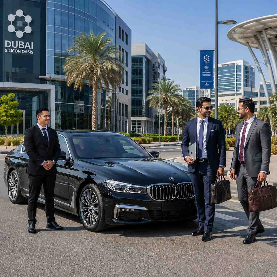 Luxury BMW 7 Series chauffeur service in Dubai Silicon Oasis with a professional driver assisting business professionals carrying laptops and leather briefcases.
