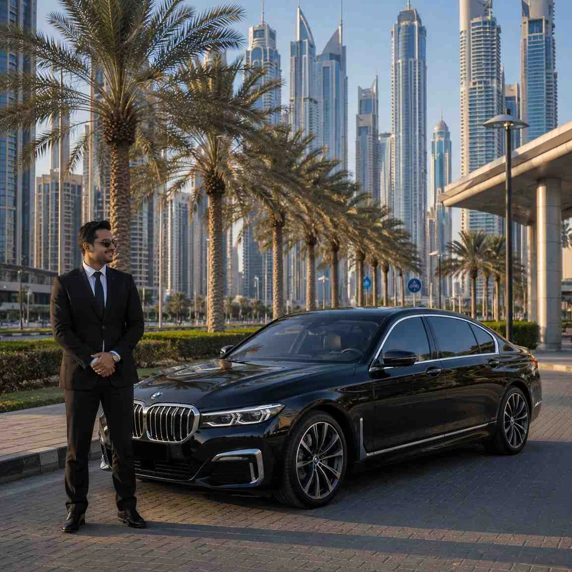 Professional chauffeur standing beside a luxury black BMW 7 Series on a palm-lined boulevard in Dubai with the modern skyline in the background, offering premium executive transportation.