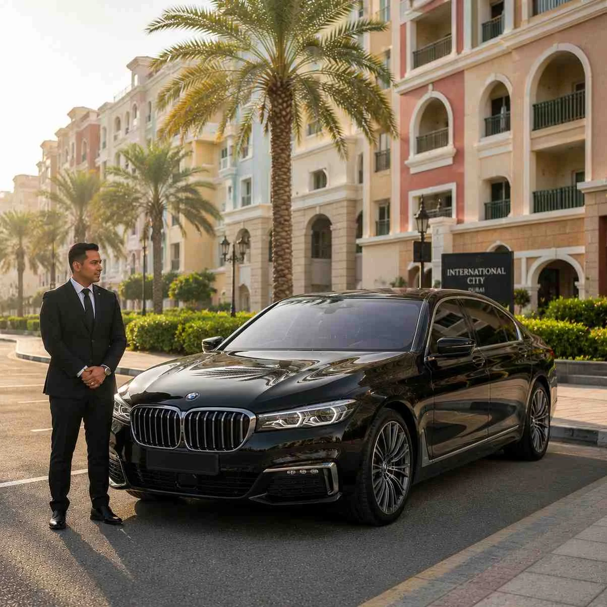 Professional chauffeur standing beside a black BMW 7 Series on a landscaped avenue in International City Dubai with international-inspired residential buildings and palm-lined streets.
