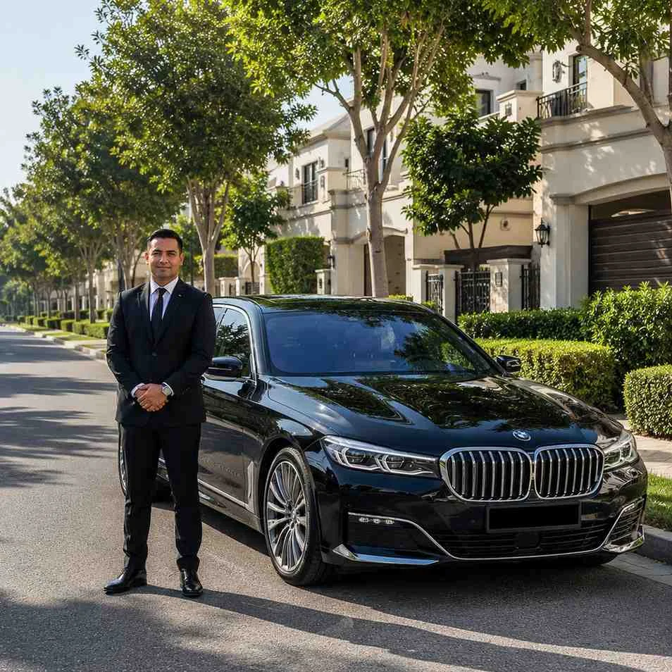 Professional chauffeur standing beside a black BMW 7 Series on a tree-lined residential boulevard in Mirdif Dubai with modern villas and landscaped gardens.