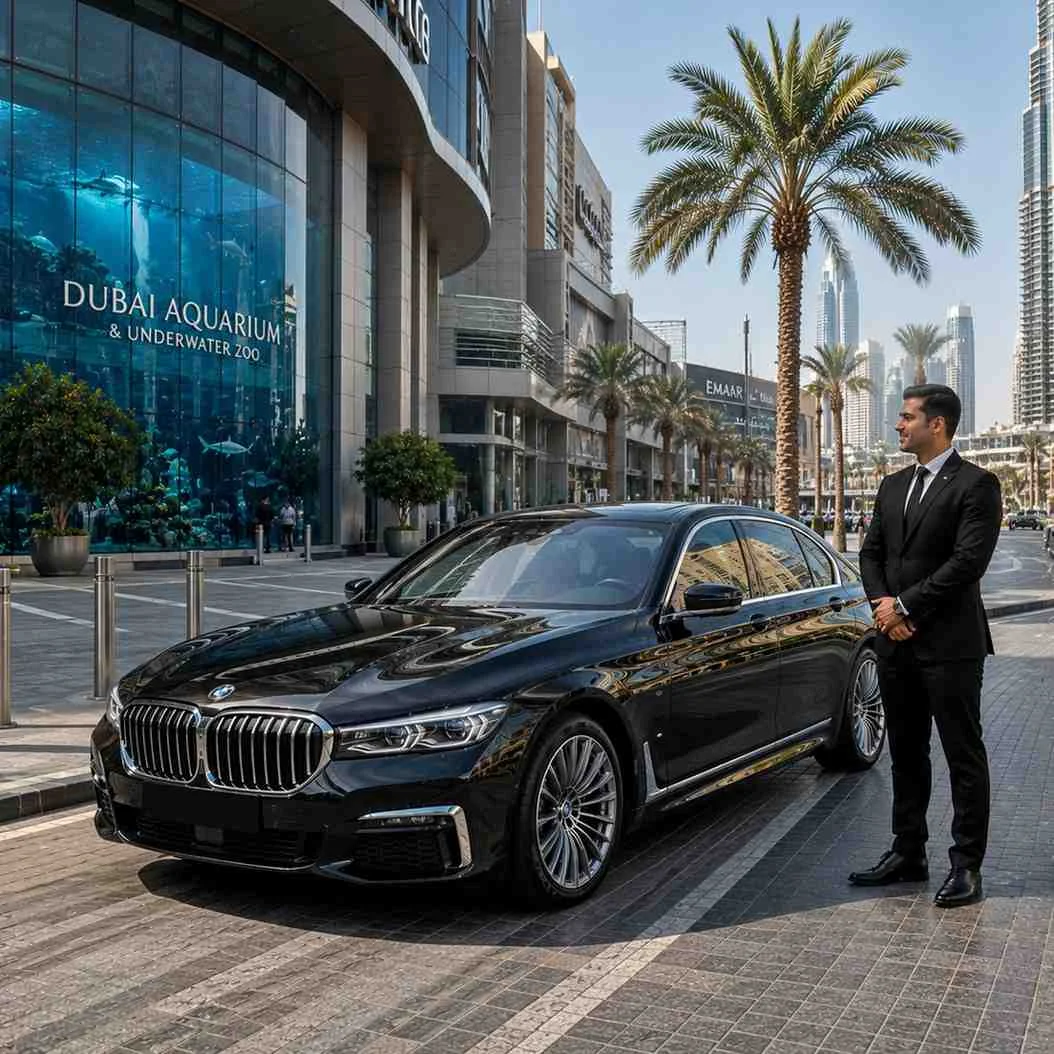 Luxury BMW 7 Series chauffeur service outside Dubai Aquarium & Underwater Zoo at Dubai Mall with a professional chauffeur standing beside the executive sedan in the premium drop-off area.