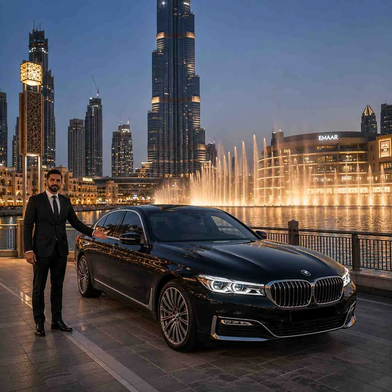 Luxury chauffeur service to Dubai Fountain featuring a black BMW 7 Series parked beside Burj Lake with a professional chauffeur and the Burj Khalifa illuminated in the background.