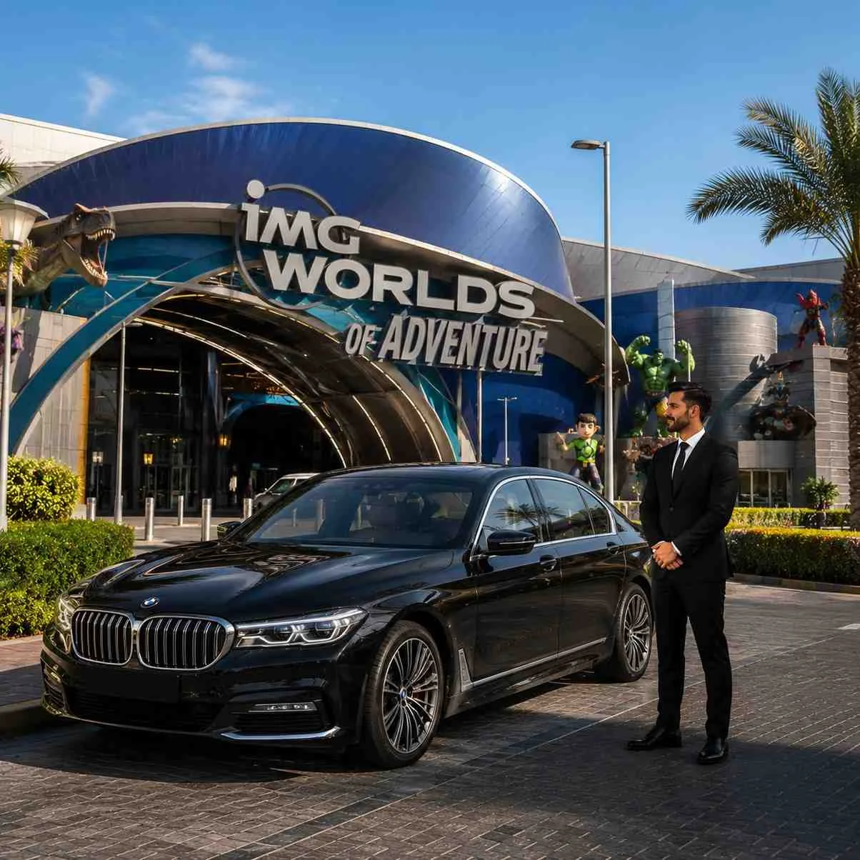 Luxury chauffeur service to IMG Worlds of Adventure Dubai with a black BMW 7 Series and professional chauffeur at the VIP entrance.