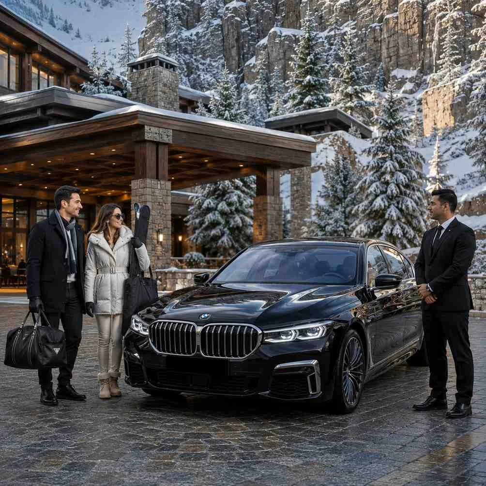 Luxury BMW 7 Series chauffeur service at Ski Dubai, Mall of the Emirates, with a professional chauffeur welcoming a stylish VIP couple carrying ski equipment bags beside a black executive sedan.