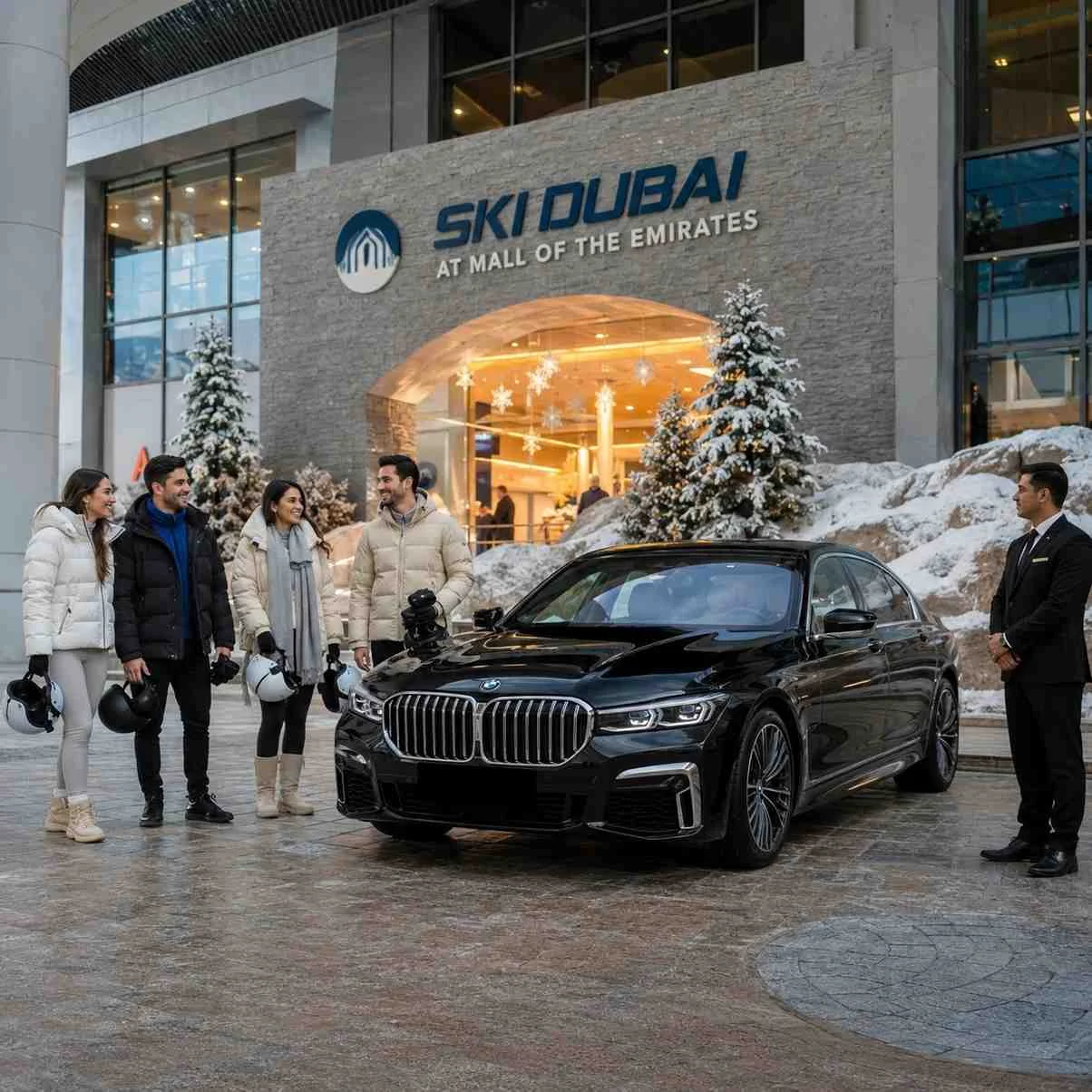 Luxury BMW 7 Series chauffeur service at Ski Dubai with four friends in winter clothing standing beside the luxury sedan outside the snowy-themed entrance at Mall of the Emirates, accompanied by a professional chauffeur in a black suit.