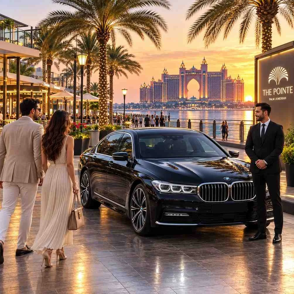 Luxury chauffeur service to The Pointe Palm Jumeirah with a black BMW 7 Series, professional chauffeur, and Atlantis The Palm overlooking the waterfront promenade in Dubai.