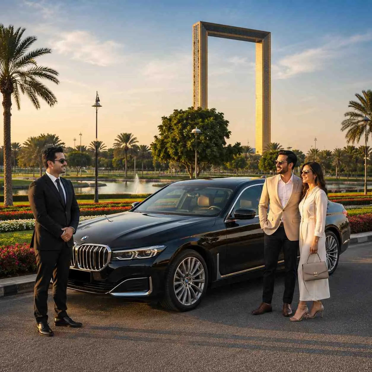 Luxury BMW 7 Series chauffeur service at Zabeel Park Dubai with an elegant couple and professional chauffeur standing beside the sedan, featuring the iconic Dubai Frame at golden hour.