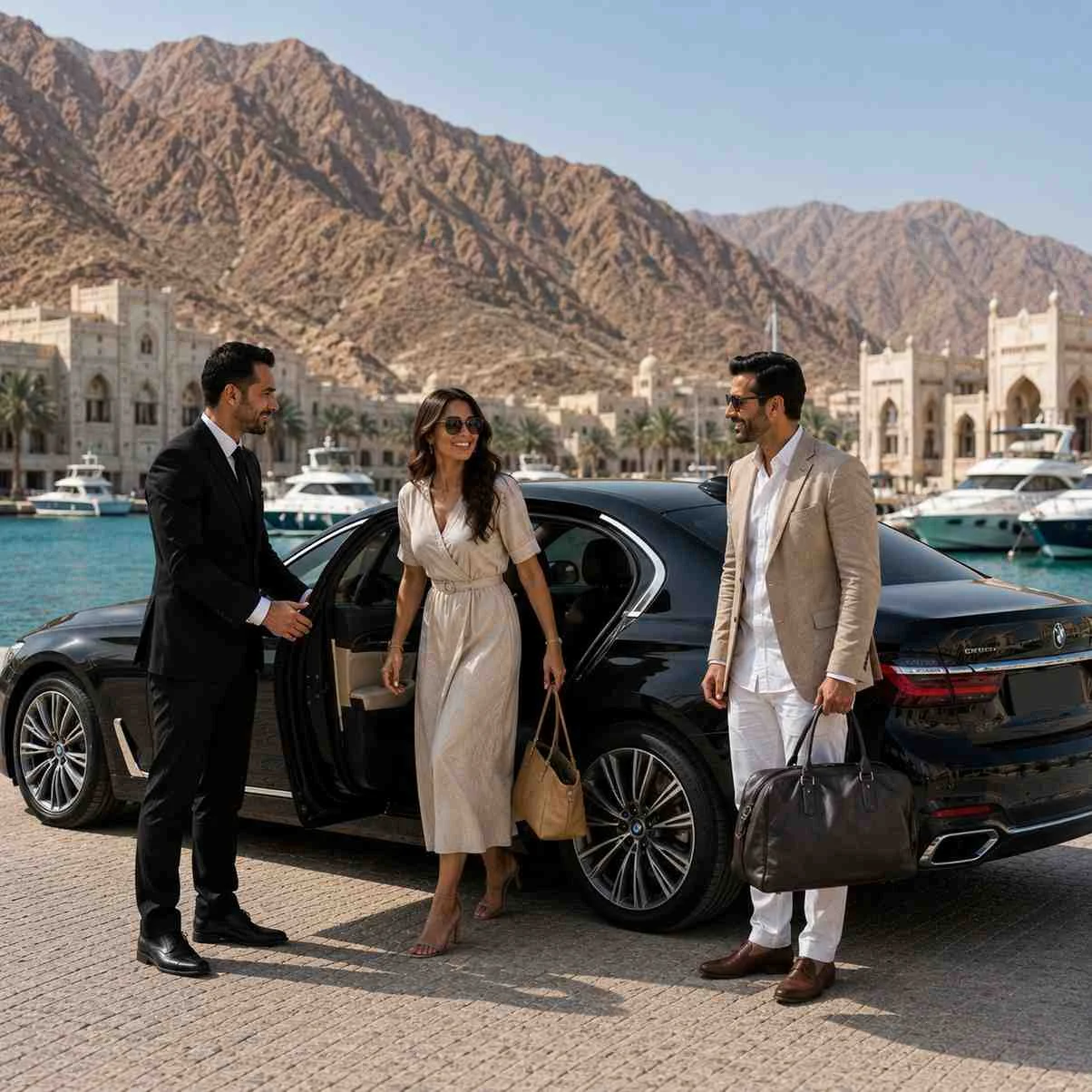 Luxury black BMW 7 Series executive sedan parked at Khasab Marina in Oman with a professional chauffeur opening the rear passenger door as an elegant couple arrives with luggage, surrounded by yachts, the waterfront, and the Hajar Mountains.