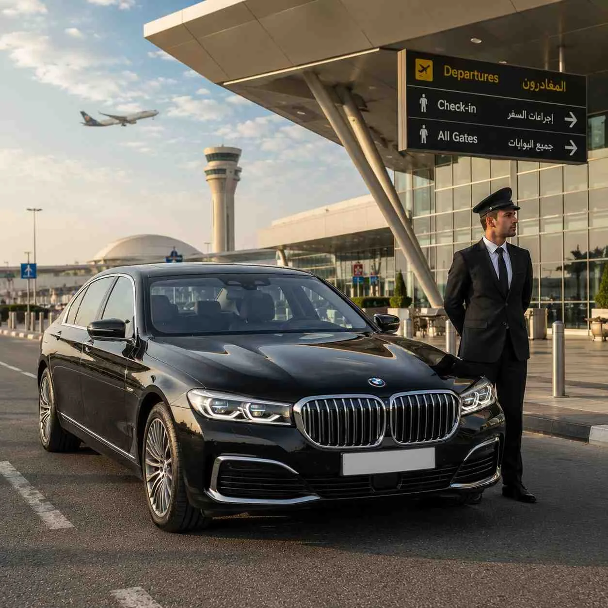 Professional chauffeur standing beside a luxury black BMW sedan at a modern airport terminal, offering premium airport car with driver service.