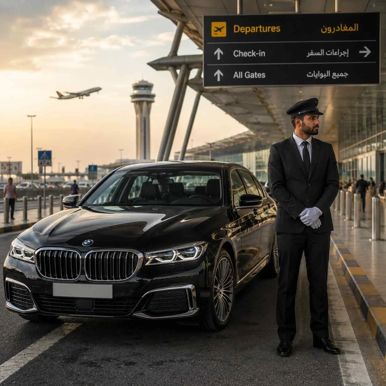 Professional chauffeur wearing a formal chauffeur cap standing beside a luxury black BMW sedan at an airport terminal for premium airport transfer service.