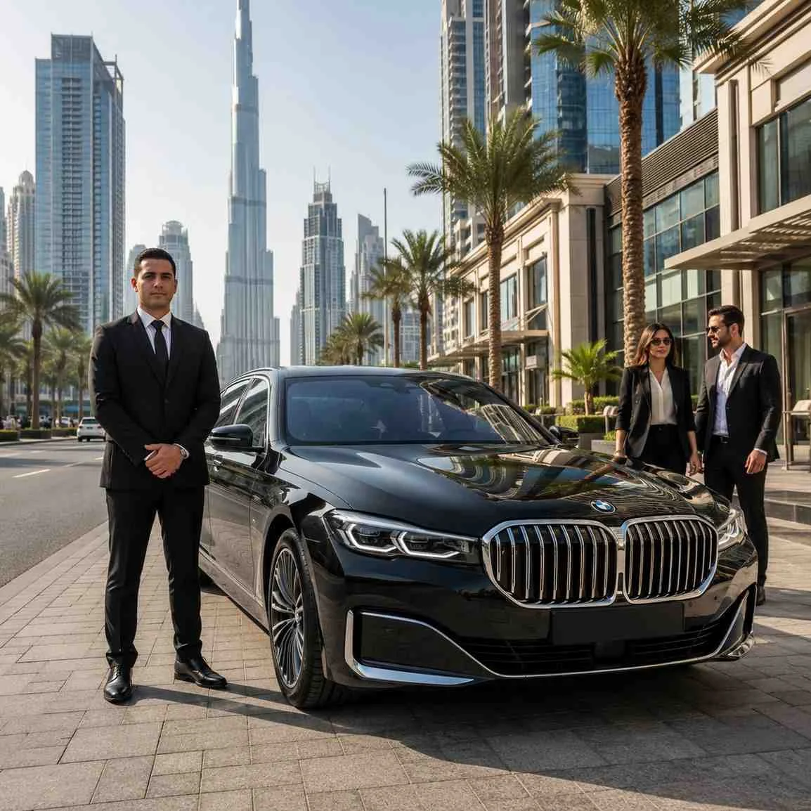 Luxury black BMW 7 Series with a professional chauffeur on a Downtown Dubai boulevard near Burj Khalifa, providing premium executive car with driver service.