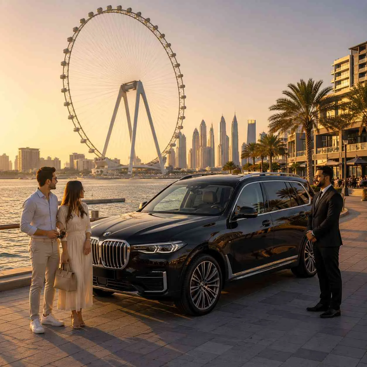 Luxury chauffeur service to Ain Dubai featuring a black BMW X7, an elegant couple, and a professional chauffeur on the Bluewaters Island waterfront promenade at golden hour.