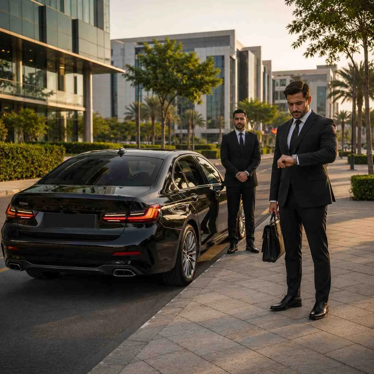 Luxury black BMW 5 Series parked outside modern office buildings in Dubai Investment Park while a business executive with a leather briefcase checks a smartwatch before a corporate meeting.