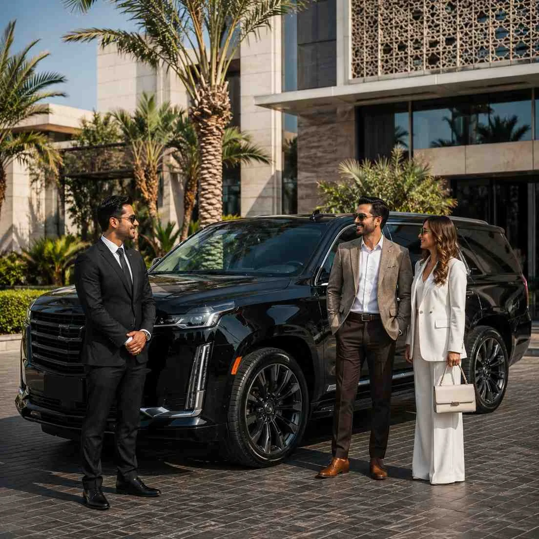 Luxury Cadillac Escalade chauffeur service in Dubai with a professional chauffeur welcoming a VIP couple beside the SUV outside a modern luxury destination.