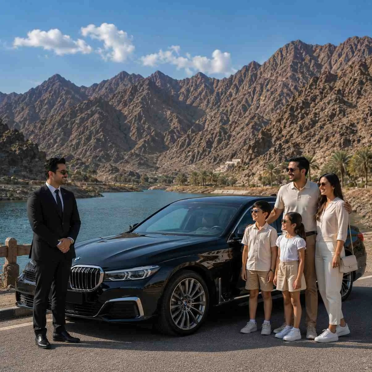 Luxury BMW chauffeur service in Hatta Dubai with professional driver and family enjoying a scenic mountain trip near Hatta Dam.