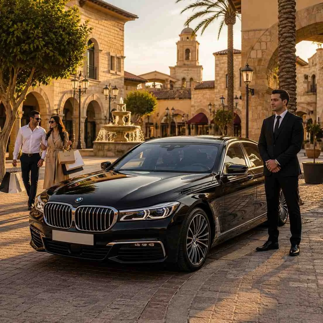 Luxury black BMW 7 Series with a professional chauffeur outside The Outlet Village, Jebel Ali, Dubai, welcoming shoppers for a premium car with driver service.