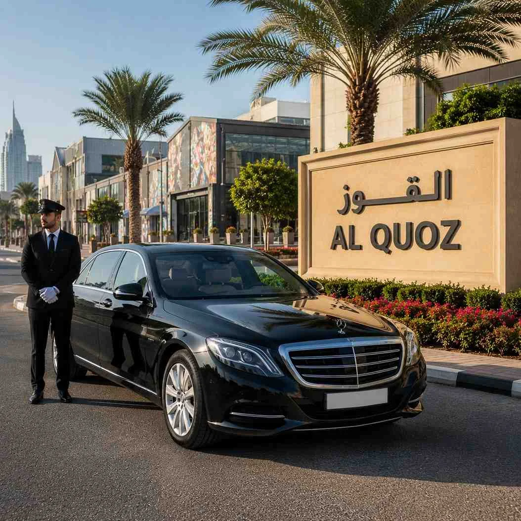 Luxury Mercedes-Benz S-Class with a professional chauffeur standing beside the vehicle next to the Al Quoz entrance sign in Dubai, offering premium car with driver service.