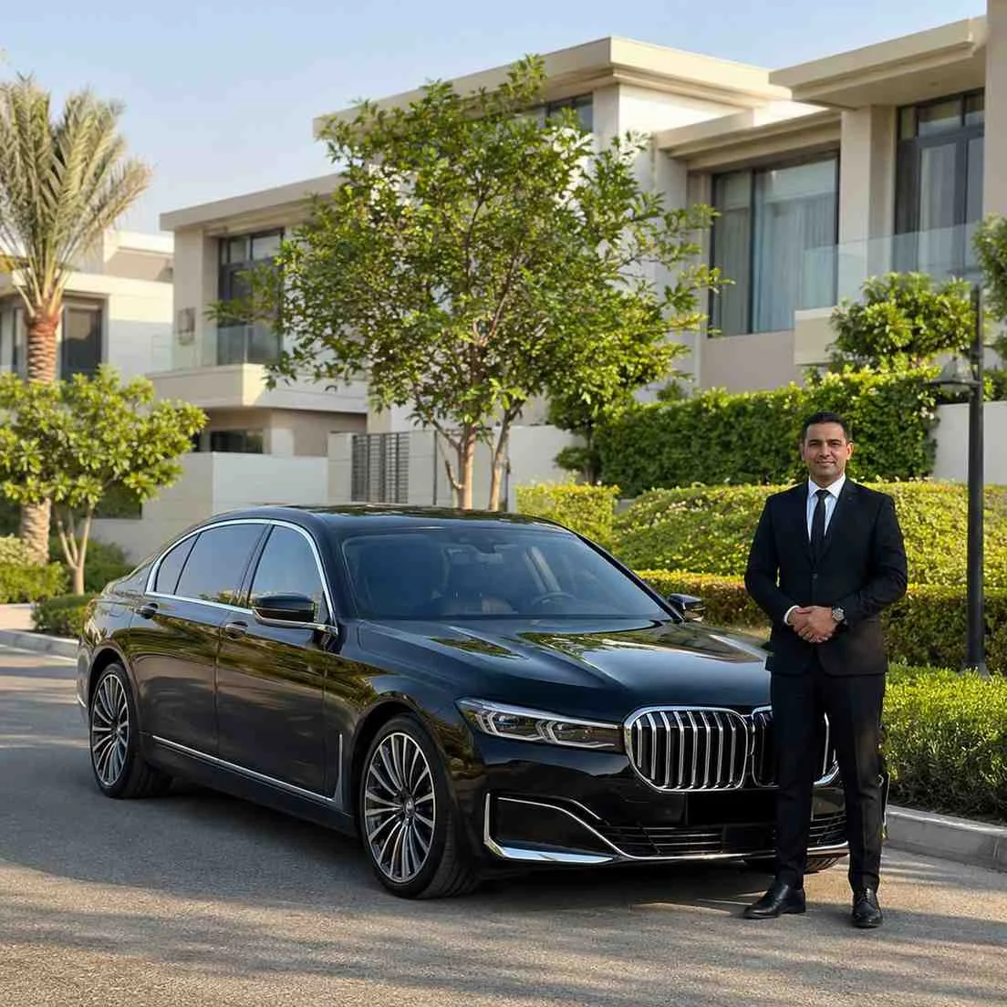 Luxury BMW 7 Series chauffeur service at Dubai Hills Estate with a professional driver standing beside a premium executive sedan in an upscale residential community.