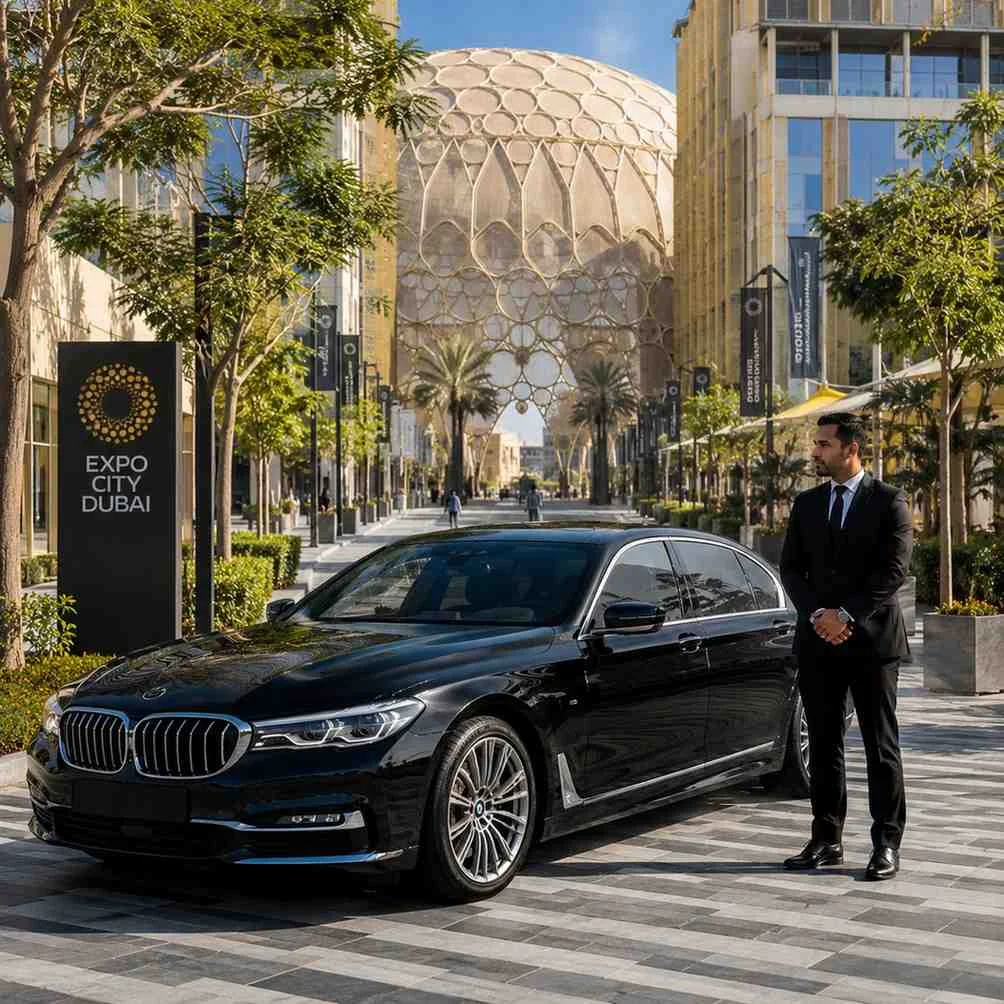 Luxury BMW 7 Series chauffeur service at Expo City Dubai with a professional driver standing beside a premium executive sedan outside Al Wasl Plaza under bright sunshine.