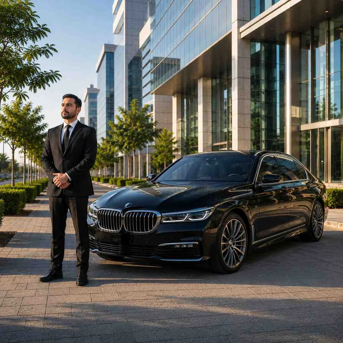 Professional chauffeur standing beside a luxury black BMW 7 Series outside a modern corporate office in Dubai Investment Park (DIP), surrounded by contemporary glass buildings and landscaped business boulevards.