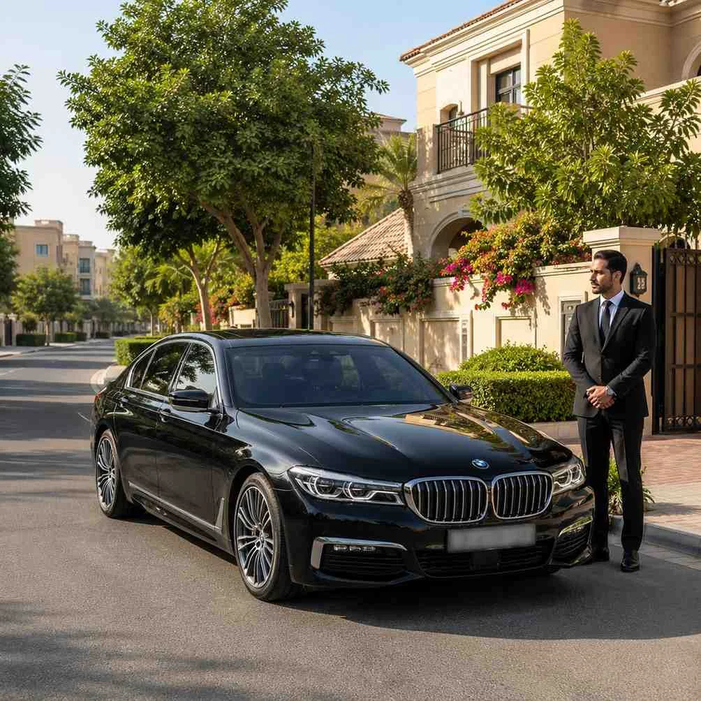 Luxury car with driver in Jumeirah Village Triangle Dubai featuring a black BMW 7 Series outside a premium villa