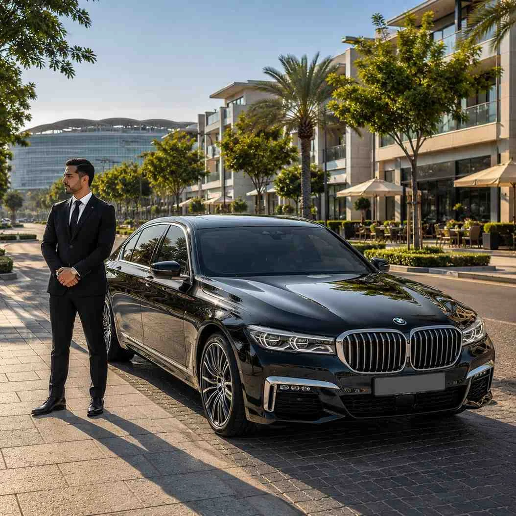 Luxury car with driver in Motor City Dubai featuring a black BMW 7 Series on a landscaped motorsport-inspired boulevard