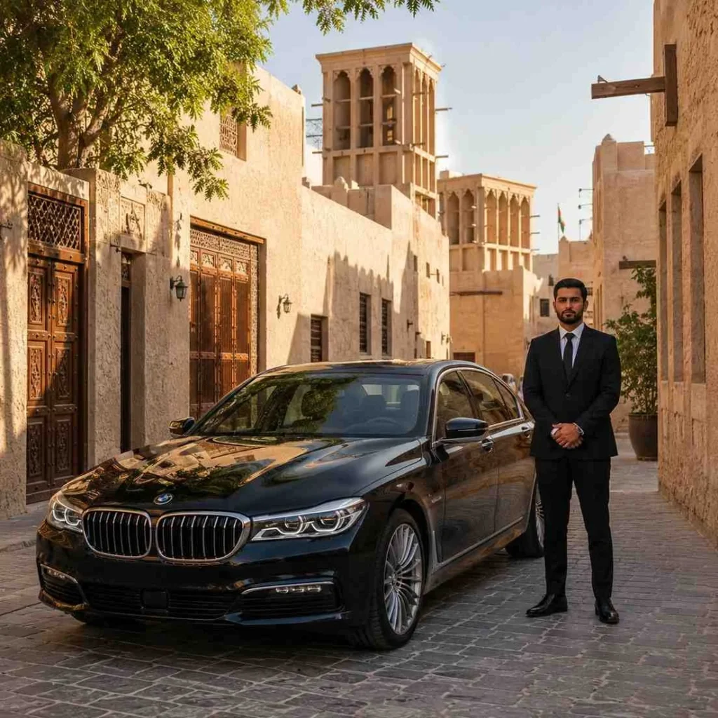 Luxury car with driver at Al Fahidi Historical Neighbourhood Dubai featuring a black BMW 7 Series and professional chauffeur in the Old Dubai heritage district.