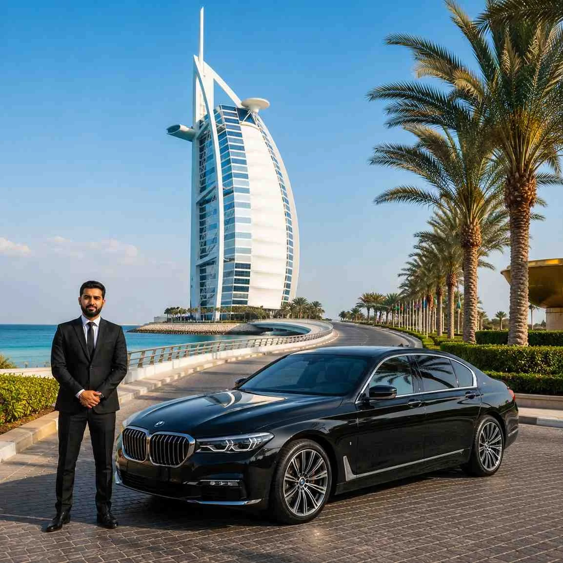 Luxury car with driver to Burj Al Arab Dubai featuring a black BMW 7 Series and professional chauffeur at the iconic resort entrance.
