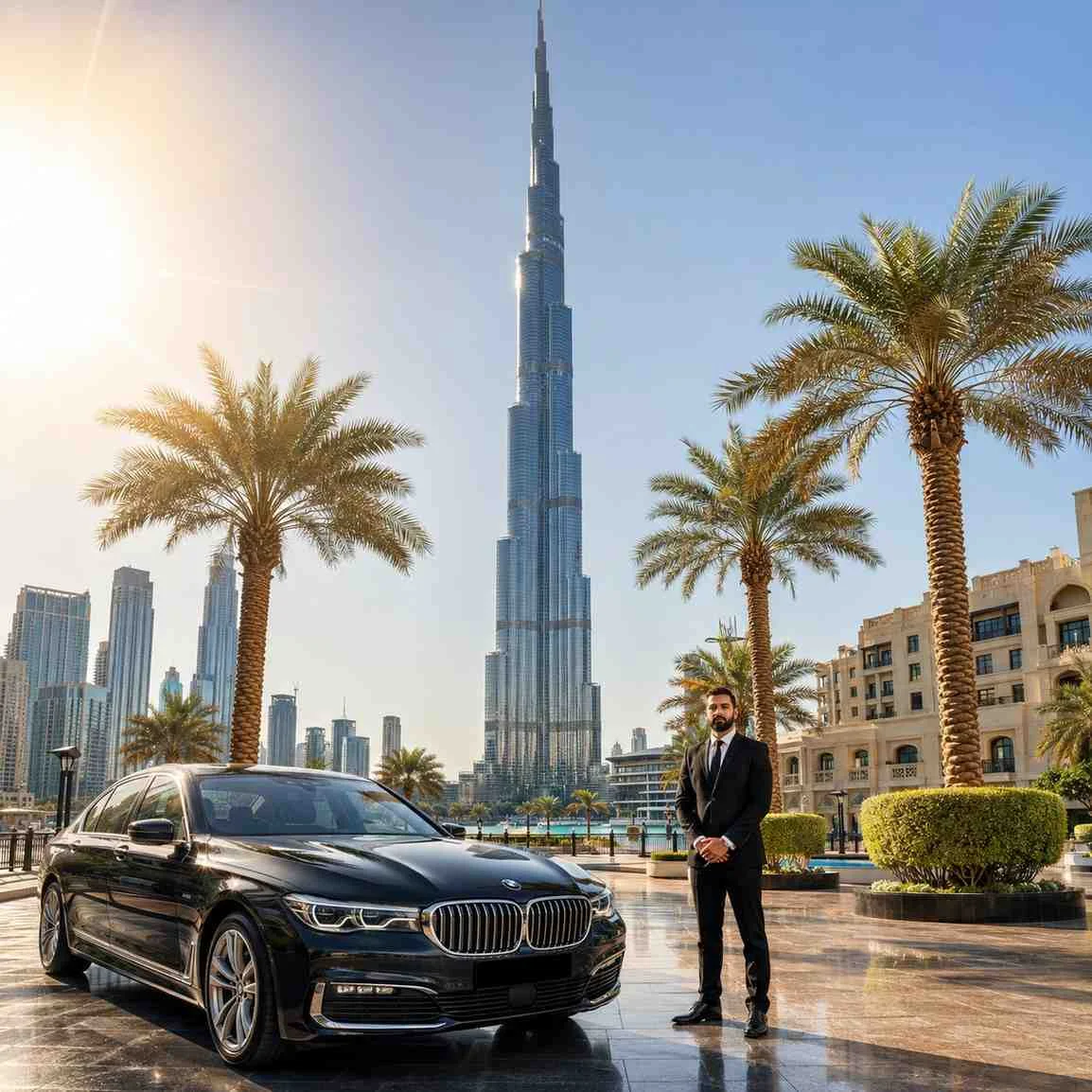 Luxury BMW 7 Series chauffeur service parked near Burj Khalifa in Downtown Dubai with a professional chauffeur in a black suit.