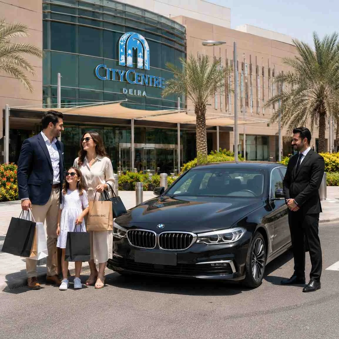 Luxury black BMW 5 Series with a professional chauffeur and a happy family carrying shopping bags outside City Centre Deira in Dubai.