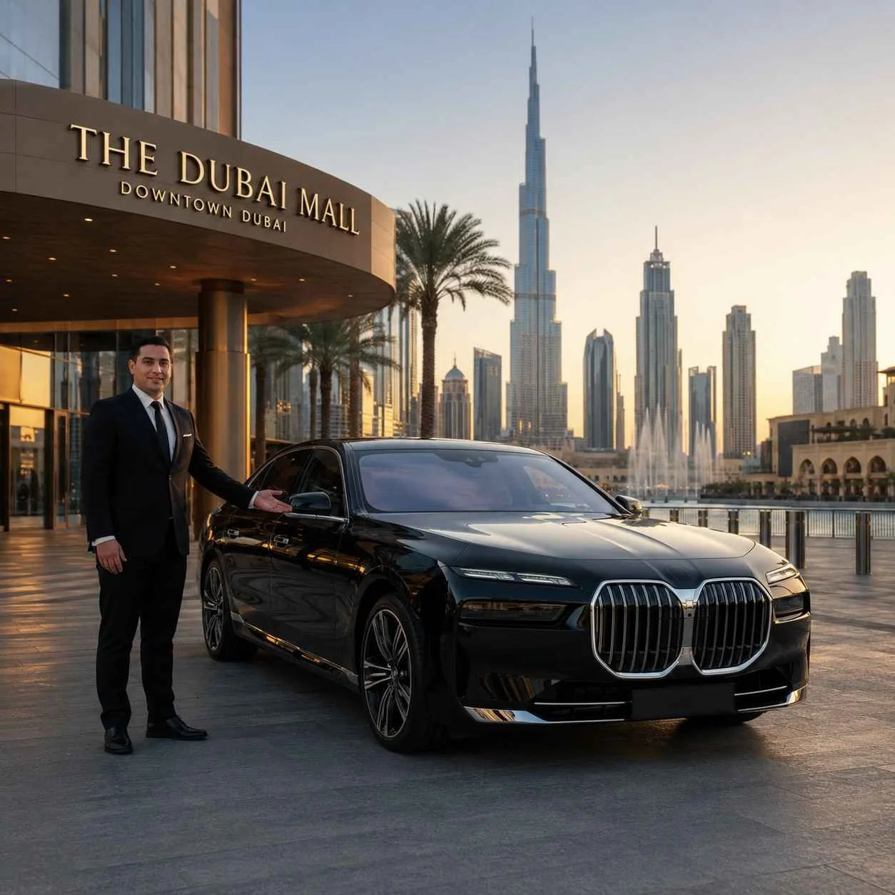 Black BMW 7 Series with a professional chauffeur standing outside Dubai Mall, featuring the Burj Khalifa and Downtown Dubai skyline in the background for a luxury shopping transfer.
