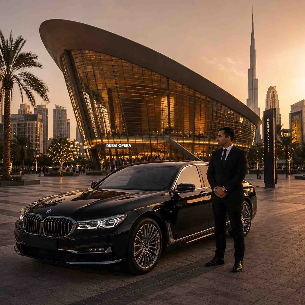 Luxury BMW 7 Series chauffeur service outside Dubai Opera with a professional chauffeur standing beside the executive sedan during golden hour.