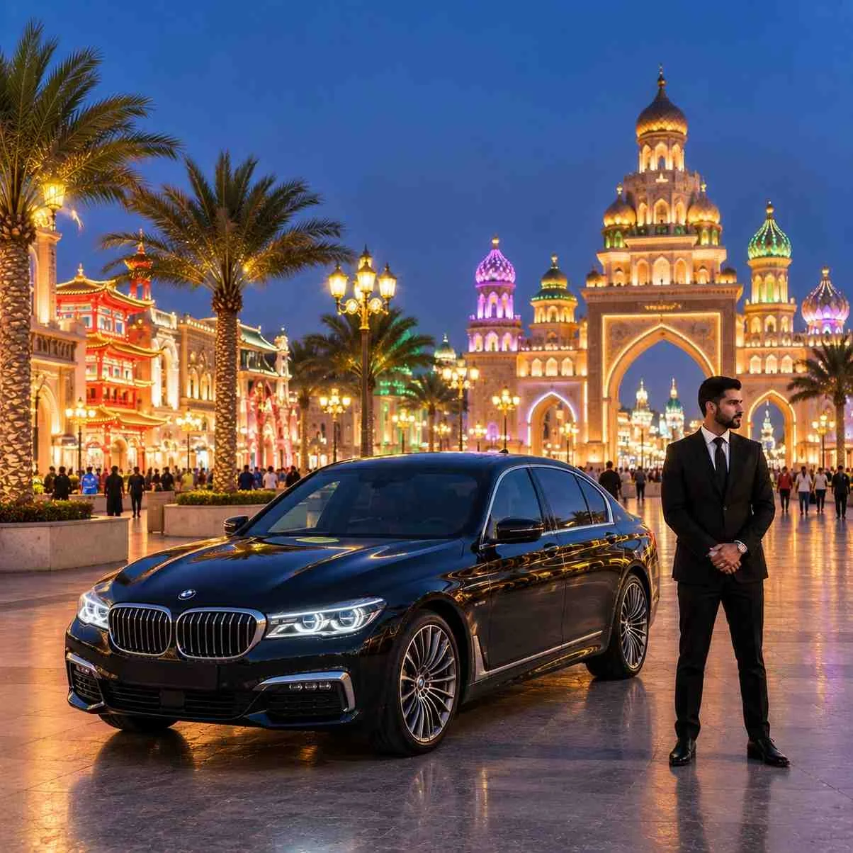 Luxury car with driver to Global Village Dubai featuring a black BMW 7 Series and professional chauffeur at the VIP arrival area.