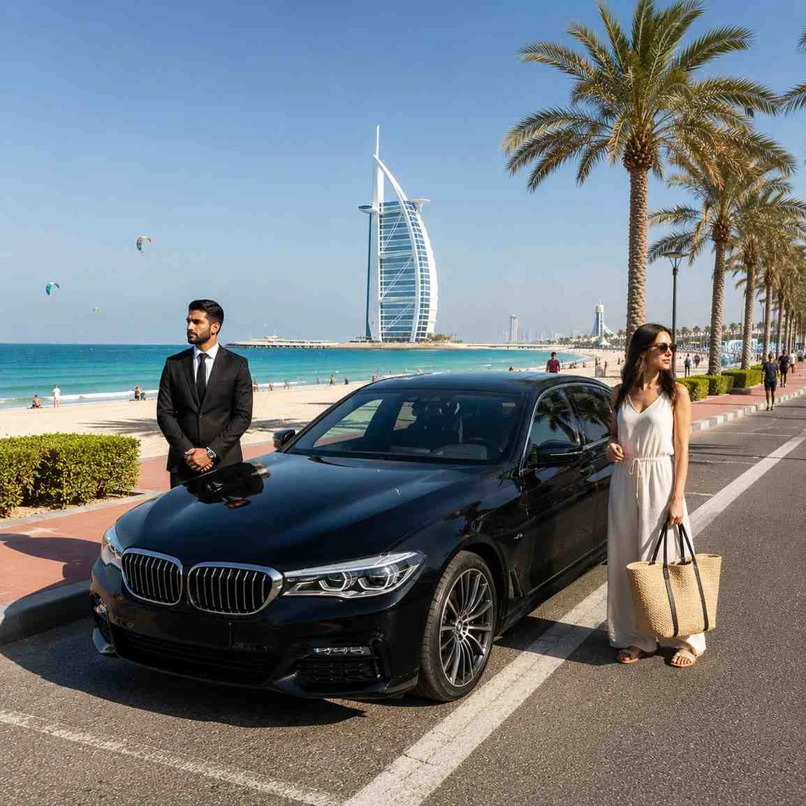 Luxury car with driver at Kite Beach Dubai featuring a black BMW 5 Series, professional chauffeur, female traveler, and Burj Al Arab in the background.