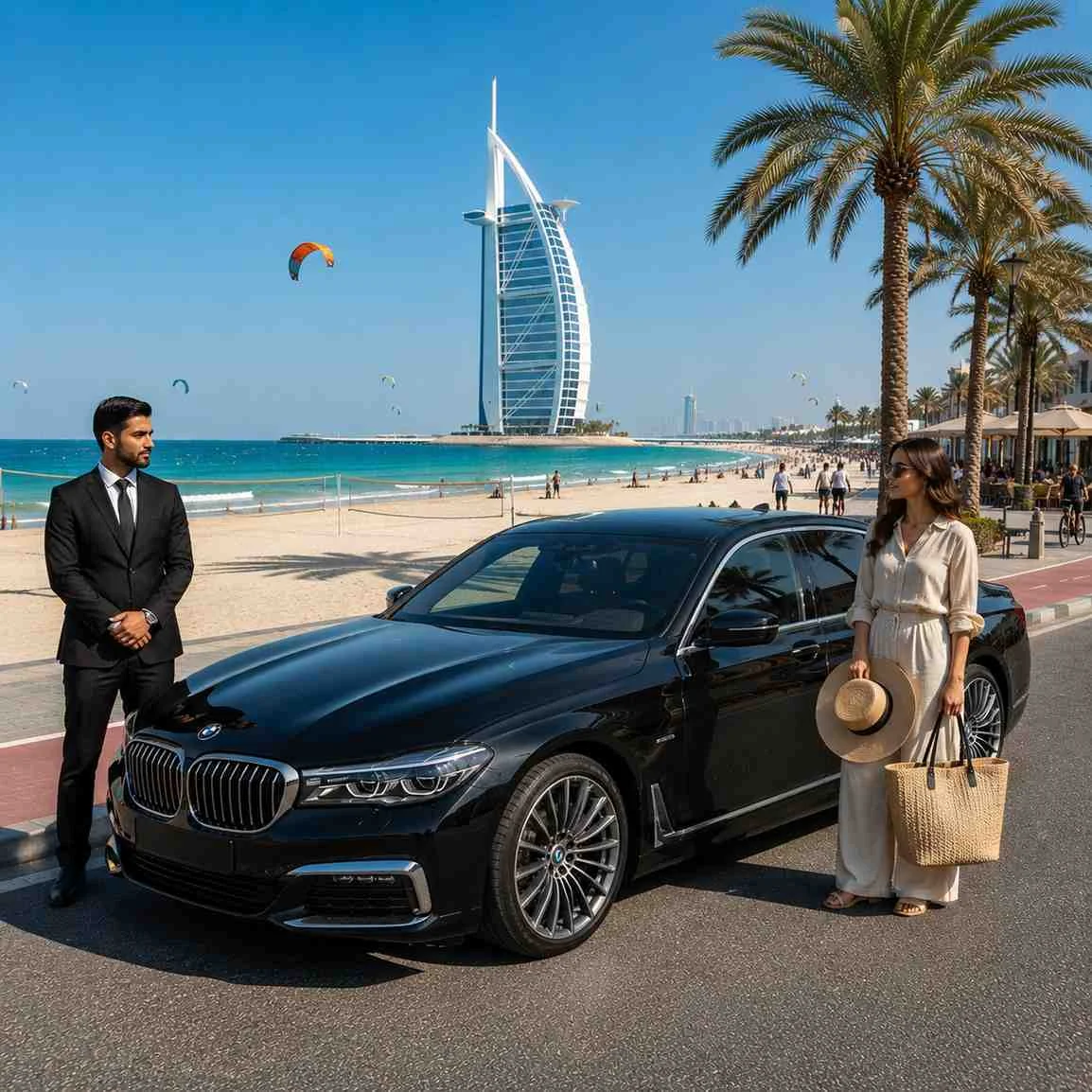 Luxury car with driver at Kite Beach Dubai featuring a black BMW 7 Series, professional chauffeur, stylish female traveler, and Burj Al Arab in the background.