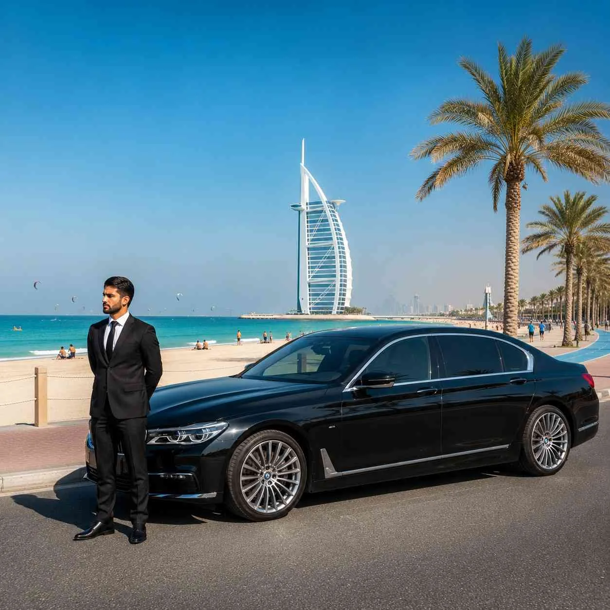 Luxury car with driver at Kite Beach Dubai featuring a black BMW 7 Series, professional chauffeur, and the Burj Al Arab in the background.
